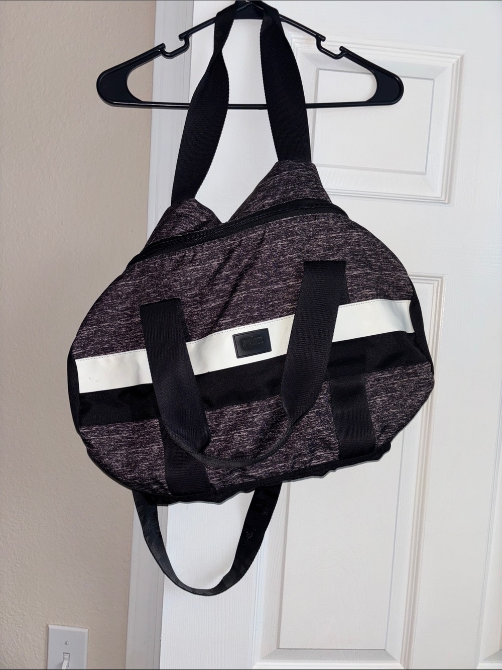 PINK Victoria's Secret Heathered Black Duffel with White Stripe